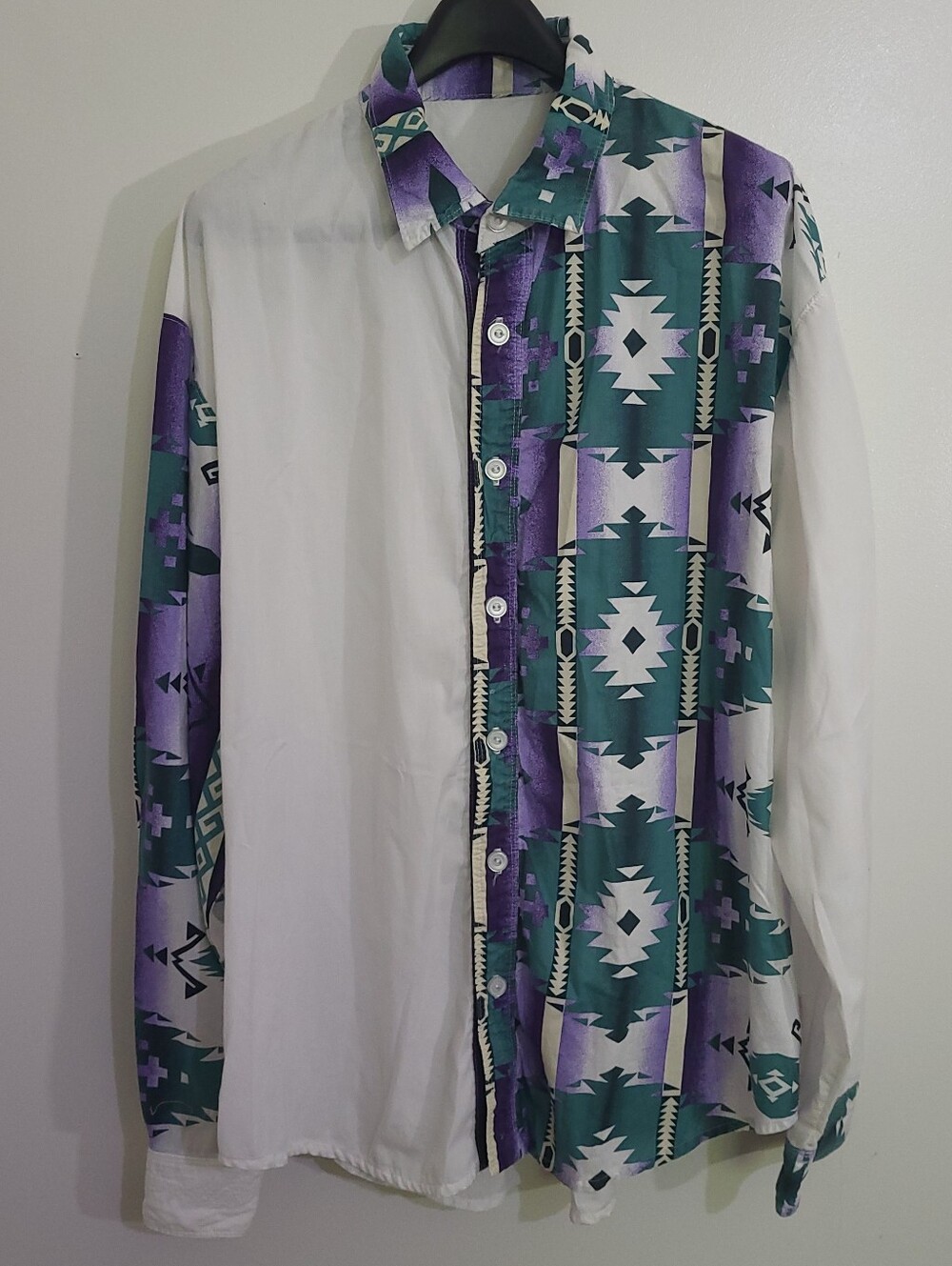 Handmade Vintage Half-Block Aztec Southwestern Shirt Purple & Teal XXL
